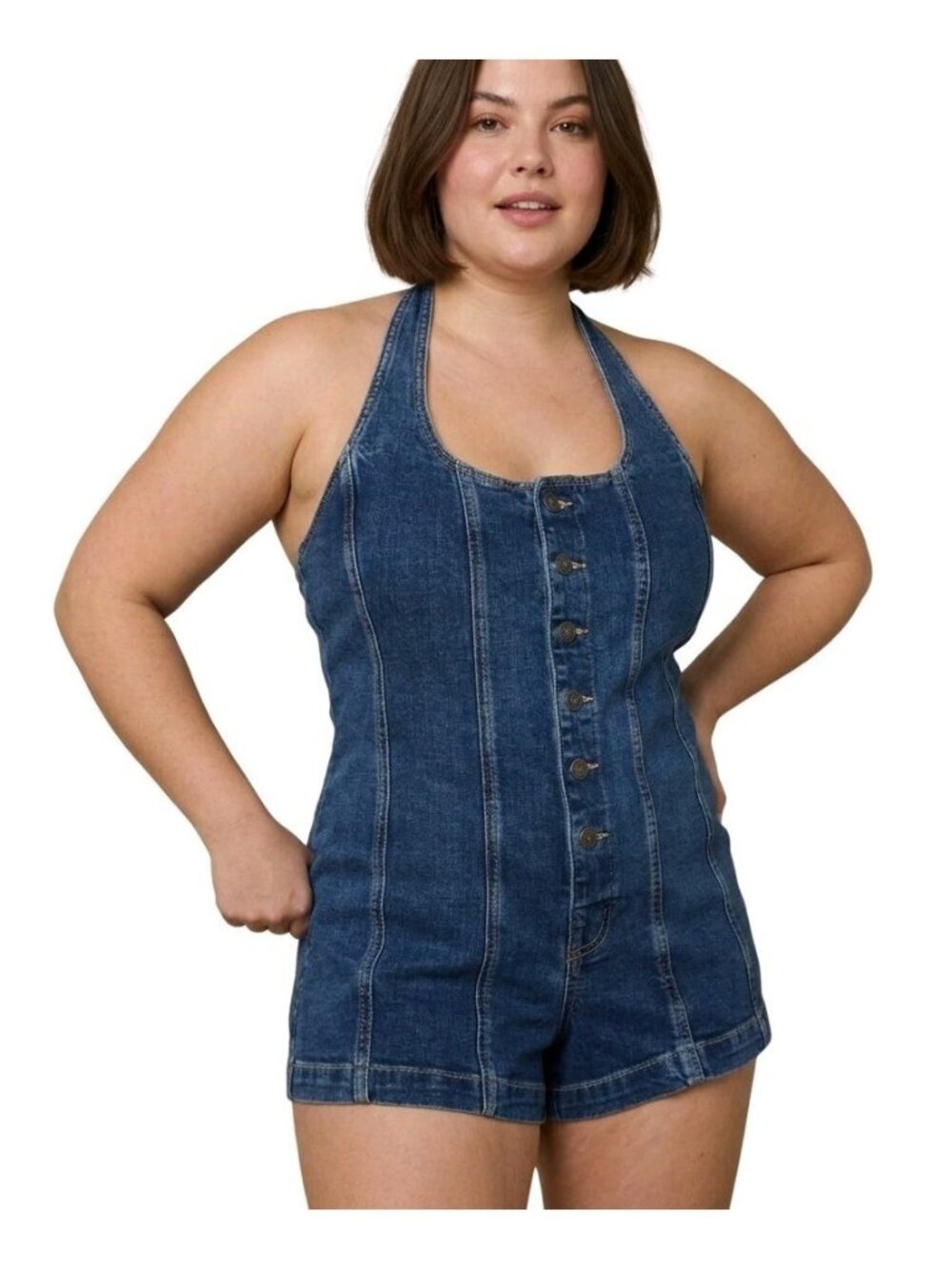American Eagle Blue Denim Halter Front Button Up Romper XL